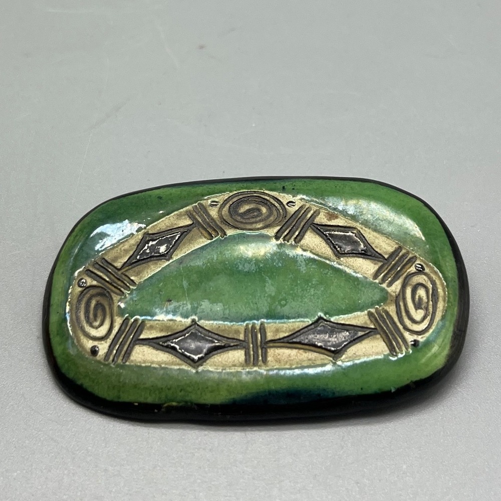 Astrid Fyrbo DENMARK Vtg 1960s BROOCH Green Black Geometric Mid Century‎ signed